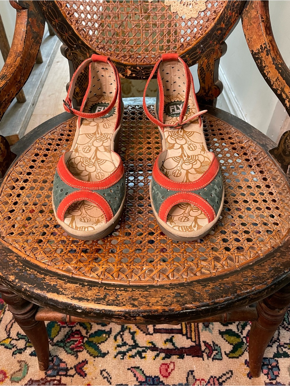 Fly London Two-Tone Green and Red Suede Ankle-Strap Wedge Sandals